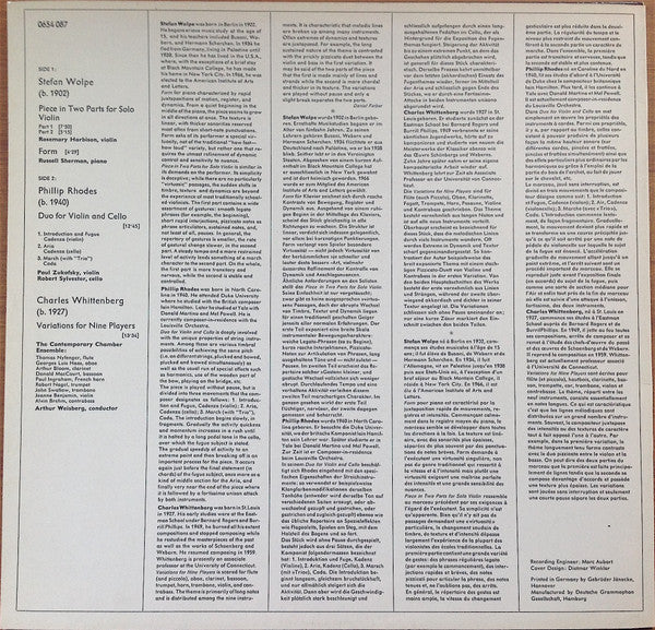 Stefan Wolpe / Phillip Rhodes / Charles Whittenberg - Piece In Two Parts For Solo Violin / Form / Duo For Violin And Cello / Variations For Nine Players (LP, Album) (Very Good Plus (VG+)) - Image 2