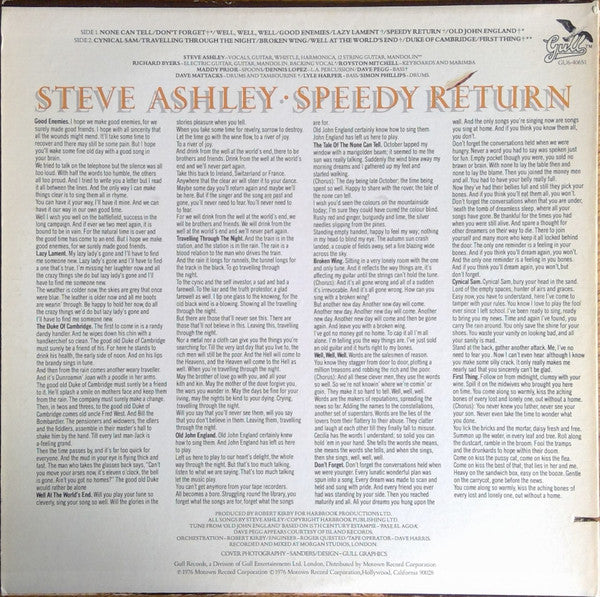 Steve Ashley - Speedy Return (LP, Album) (Very Good (VG)) - Image 2