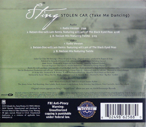 Sting - Stolen Car (Take Me Dancing) (CD, Maxi, Enh) (Very Good Plus (VG+)) - Image 2