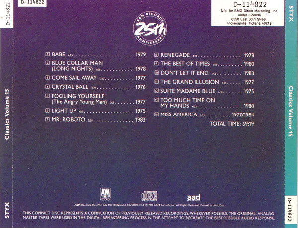 Styx - Classics Volume 15 (CD, Comp, Club, RE) (Very Good Plus (VG+)) - Image 4