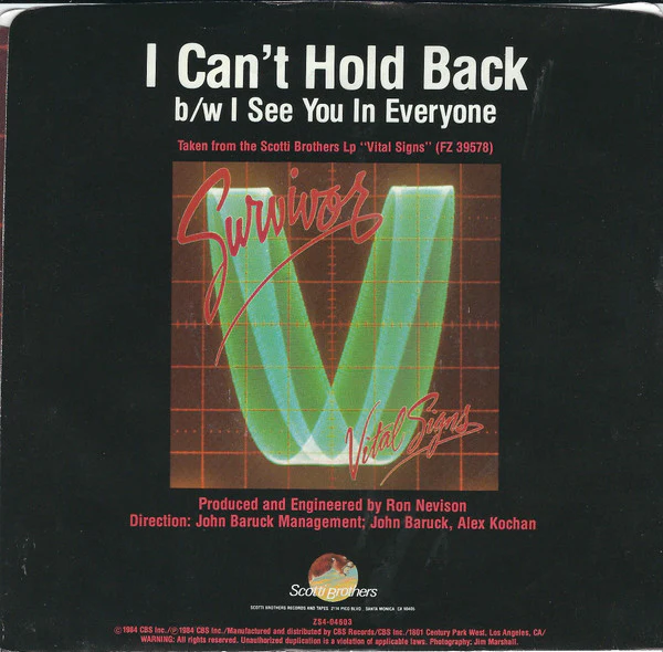 Survivor - I Can't Hold Back (7", Single, Styrene, Car) (Very Good Plus (VG+)) - Image 2