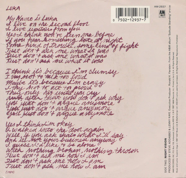 Suzanne Vega - Luka (7", Single, Styrene, Car) (Very Good Plus (VG+)) - Image 2
