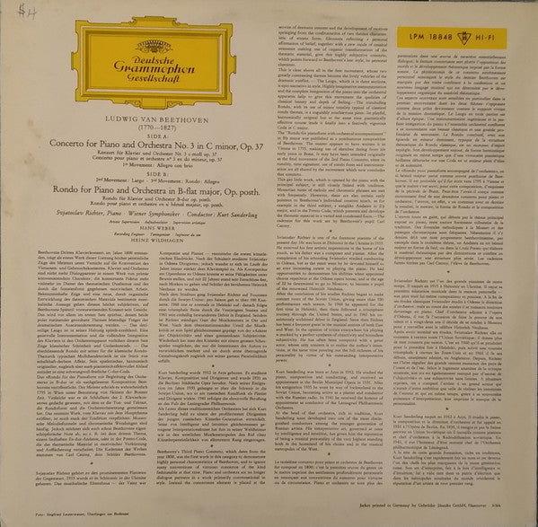 Svjatoslav Richter* - Beethoven*, Wiener Symphoniker, Kurt Sanderling - Klavierkonzert Nr.3 C-Moll / Konzertrondo B-Dur = Piano Concerto No. 3 C minor / Rondo B-flat major (LP, Mono) (Near Mint (NM or M-)) - Image 2