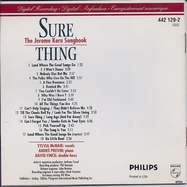 Sylvia McNair, André Previn, David Finck - Sure Thing: The Jerome Kern Songbook (CD, Album) (Very Good Plus (VG+)) - Image 4