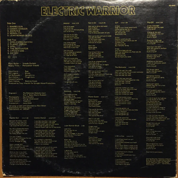 T. Rex - Electric Warrior (LP, Album, Ter) (Very Good Plus (VG+)) - Image 2