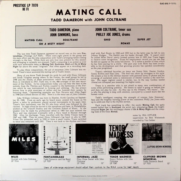 Tadd Dameron With John Coltrane - Mating Call (LP, Album, RE) (Very Good Plus (VG+)) - Image 2