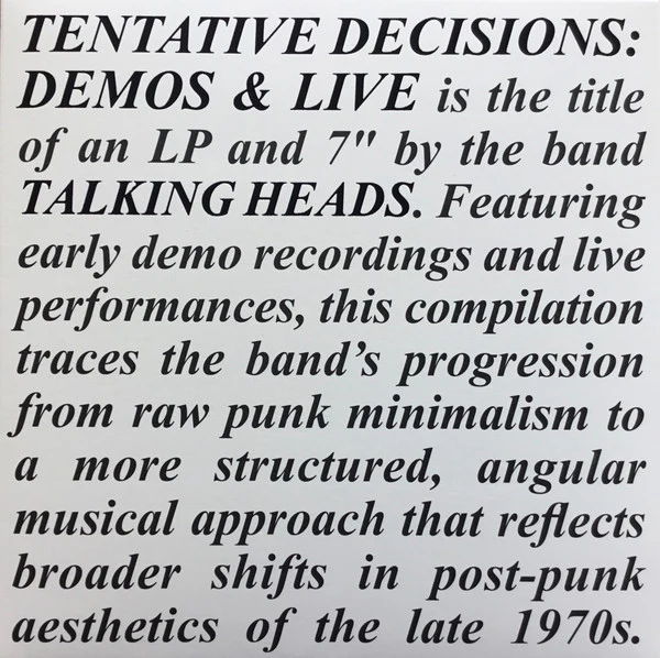 Talking Heads - Tentative Decisions: Demos & Live (LP, Cle + 7", Cle + RSD, Comp, Ltd, RE) (Near Mint (NM or M-))