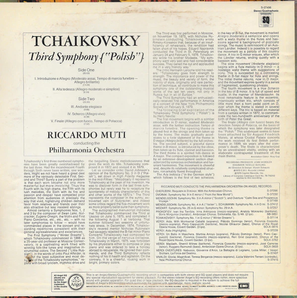 Pyotr Ilyich Tchaikovsky / Philharmonia Orchestra, Riccardo Muti - Symphony No. 3 in D ["Polish"] (LP, Quad) (Near Mint (NM or M-)) - Image 2