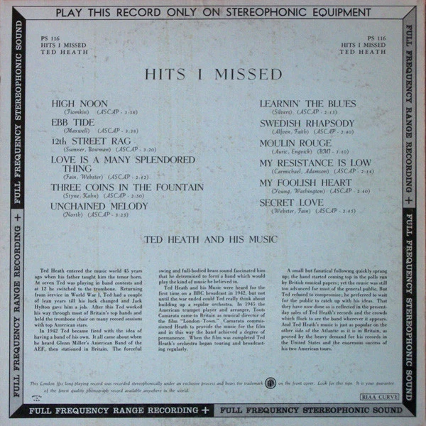 Ted Heath And His Music - Hits I Missed (LP, Album) (Very Good (VG)) - Image 2