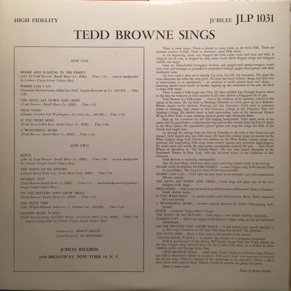 Tedd Browne - Tedd Browne Sings Calypsos-Ballads (LP, Album) (Very Good (VG)) - Image 2
