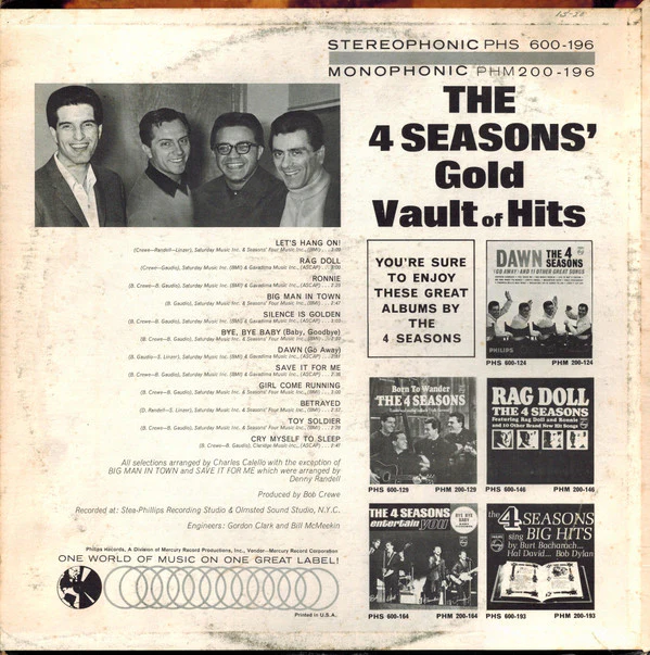 The Four Seasons - The 4 Seasons' Gold Vault Of Hits (LP, Comp, Mono) (Very Good Plus (VG+)) - Image 2