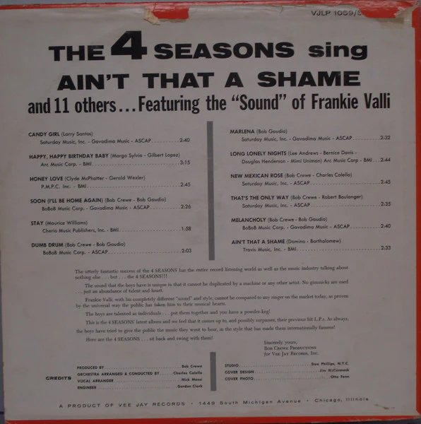 The Four Seasons - The 4 Seasons Sing Ain't That A Shame And 11 Others (LP, Album, Mono) (Very Good Plus (VG+)) - Image 2