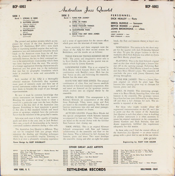 The Australian Jazz Quartet - Australian Jazz Quartet (LP, Album, Mono) (Near Mint (NM or M-)) - Image 2