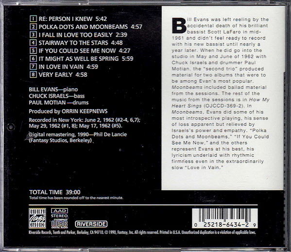 The Bill Evans Trio - Moon Beams (CD, Album, RE, RM) (Near Mint (NM or M-)) - Image 2