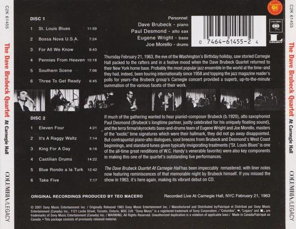 The Dave Brubeck Quartet - At Carnegie Hall (2xCD, Album, RE, RM) (Near Mint (NM or M-)) - Image 2