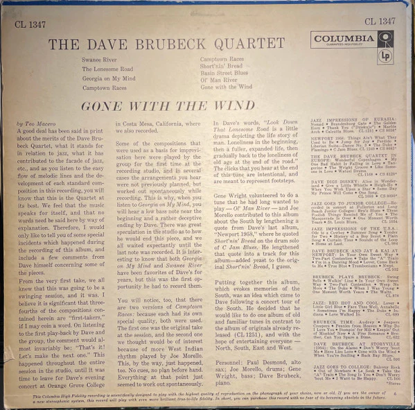 The Dave Brubeck Quartet - Gone With The Wind (LP, Album, Mono) (Near Mint (NM or M-)) - Image 2