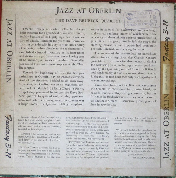The Dave Brubeck Quartet - Jazz At Oberlin (10", Album, Mono, RP) (Very Good Plus (VG+)) - Image 2
