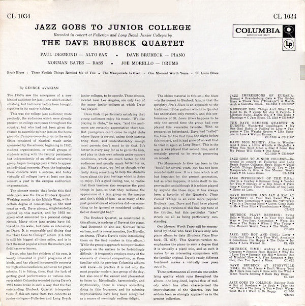 The Dave Brubeck Quartet - Jazz Goes To Junior College (LP, Album, Mono) (Very Good Plus (VG+)) - Image 2