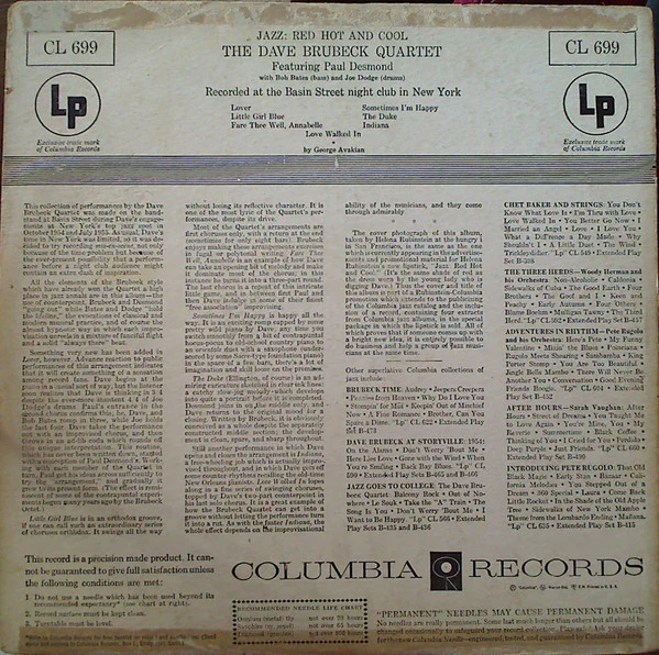 The Dave Brubeck Quartet - Jazz: Red Hot And Cool (LP, Album, Mono) (Near Mint (NM or M-)) - Image 2