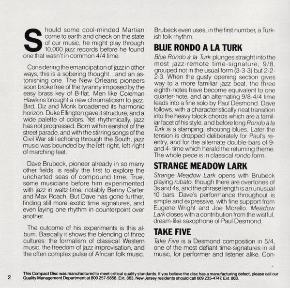The Dave Brubeck Quartet - Time Out (CD, Album, RE, RM) (Near Mint (NM or M-)) - Image 4