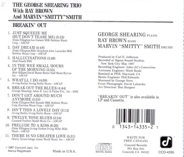 George Shearing Trio With Ray Brown And Marvin "Smitty" Smith - Breakin' Out (CD, Album) (Near Mint (NM or M-)) - Image 2