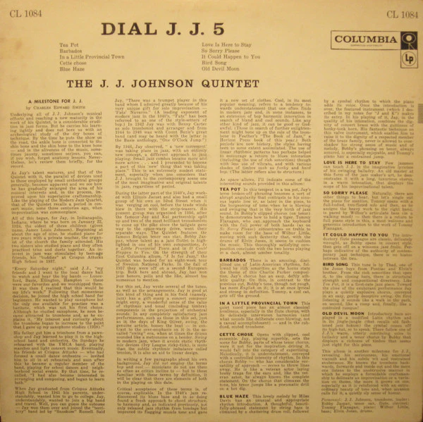 The J.J. Johnson Quintet - Dial J.J. 5 (LP, Album, Mono) (Very Good (VG)) - Image 2