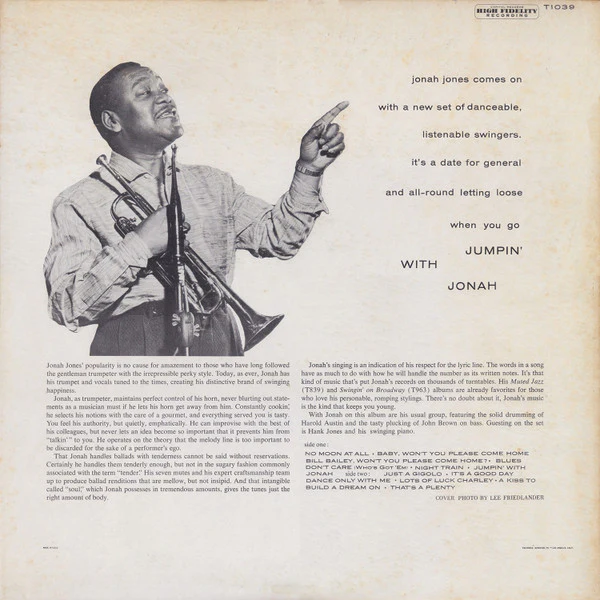 The Jonah Jones Quartet - Jumpin' With Jonah (LP, Album, Mono, RP, Ind) (Very Good Plus (VG+)) - Image 2