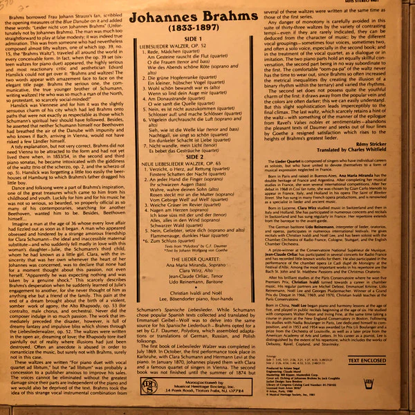 The Lieder Quartet - Johannes Brahms: Liebeslider Walzer, Op. 52; Neue Liebeslieder Walzer, Op. 65 (LP) (Very Good (VG)) - Image 2