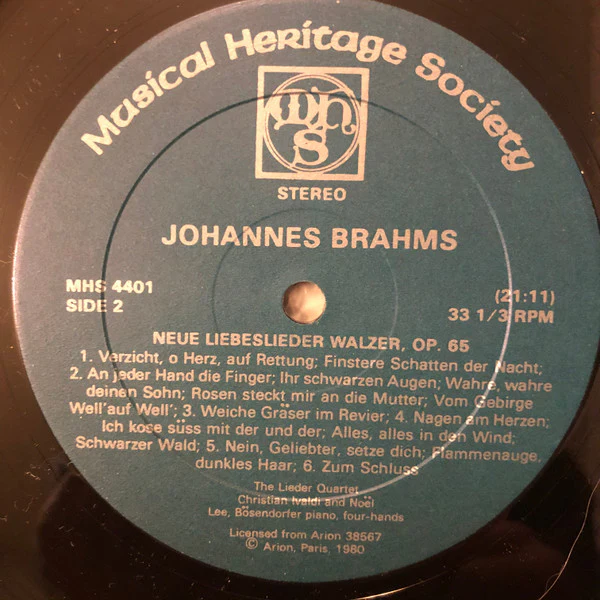 The Lieder Quartet - Johannes Brahms: Liebeslider Walzer, Op. 52; Neue Liebeslieder Walzer, Op. 65 (LP) (Very Good (VG)) - Image 4