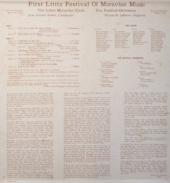 The Lititz Moravian Choir - First Lititz Festival Of Moravian Music (LP) (Very Good Plus (VG+)) - Image 2