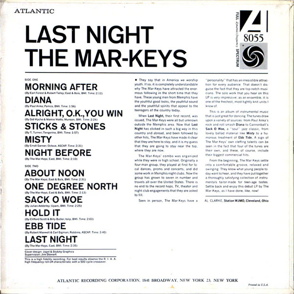 The Mar-Keys - Last Night! (LP, Album, Mono, Whi) (Very Good (VG)) - Image 2