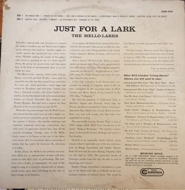 The Mello-Larks - Just For A Lark (LP) (Very Good Plus (VG+)) - Image 2