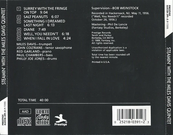The Miles Davis Quintet - Steamin' With The Miles Davis Quintet (CD, Album, RE) (Near Mint (NM or M-)) - Image 2