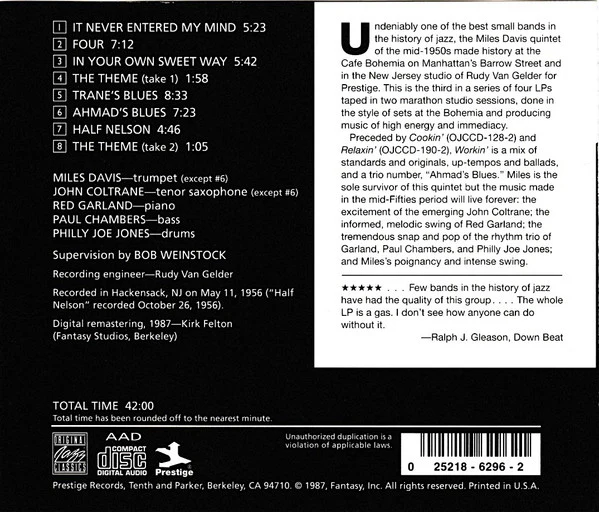 The Miles Davis Quintet - Workin' With The Miles Davis Quintet (CD, Album, RE, RM) (Near Mint (NM or M-)) - Image 2