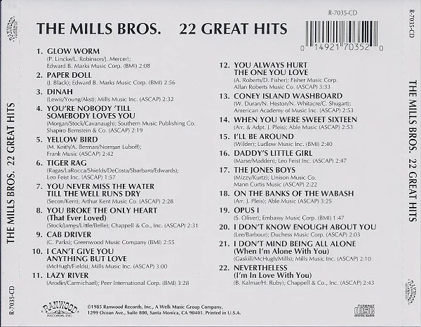 The Mills Bros.* - 22 Great Hits (CD, Comp, RE) (Very Good Plus (VG+)) - Image 3