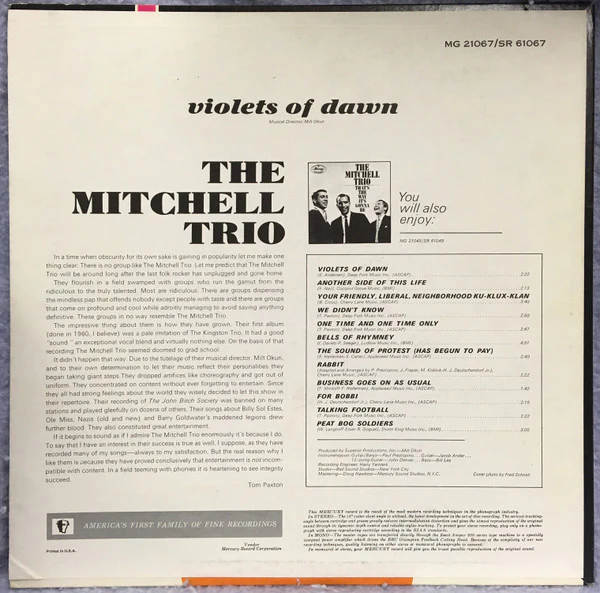 The Mitchell Trio - Violets Of Dawn (LP, Album, RP) (Very Good Plus (VG+)) - Image 2