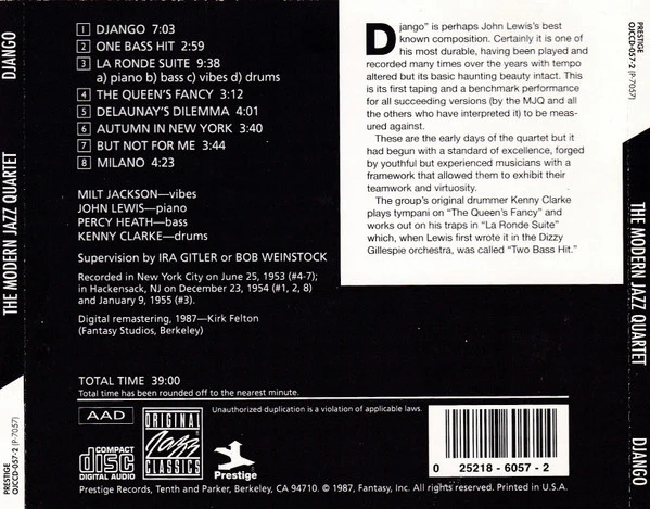 The Modern Jazz Quartet - Django (CD, Album, RE, RM) (Very Good Plus (VG+)) - Image 2