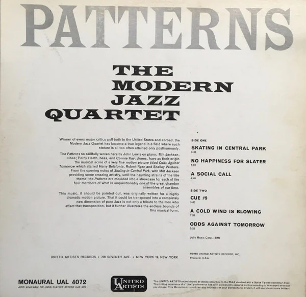 The Modern Jazz Quartet - Patterns (LP, Album, Mono) (Very Good Plus (VG+)) - Image 2