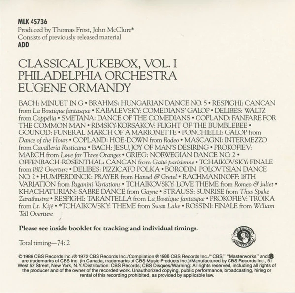 The Philadelphia Orchestra Conducted By Eugene Ormandy - Classical Jukebox Vol. 1 (CD, Comp) (Near Mint (NM or M-)) - Image 2