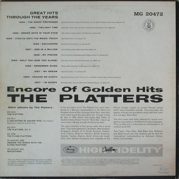 The Platters - Encore Of Golden Hits (LP, Comp, Mono, RE) (Very Good (VG)) - Image 2