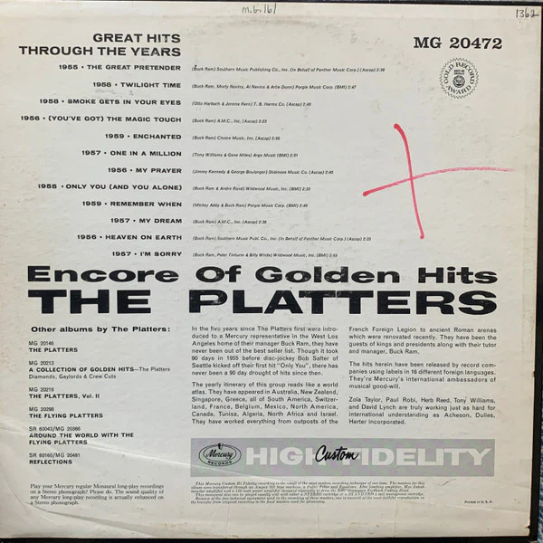 The Platters - Encore Of Golden Hits (LP, Comp, Mono, RP) (Very Good Plus (VG+)) - Image 2