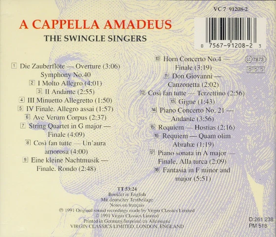 The Swingle Singers - A Cappella Amadeus - A Mozart Celebration (CD, Album) (Near Mint (NM or M-)) - Image 2