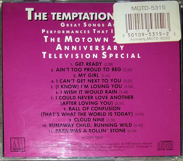 The Temptations - Great Songs And Performces That Inspired The Motown 25th Anniversary T.V. Special (CD, Comp, RE, RM) (Near Mint (NM or M-)) - Image 2