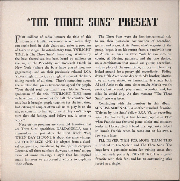 The Three Suns - The Three Suns Present (2x7", Album, EP, Gat) (Very Good (VG)) - Image 2