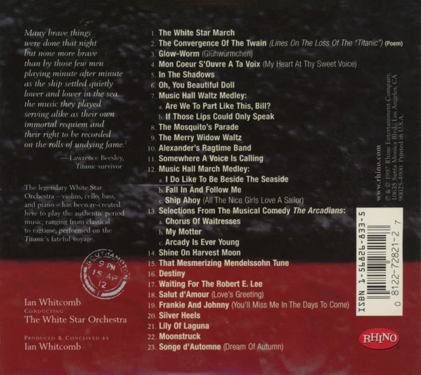 The White Star Orchestra Conducted By Ian Whitcomb - Titanic: Music As Heard On The Fateful Voyage (CD, Album, Dig) (Very Good Plus (VG+)) - Image 3