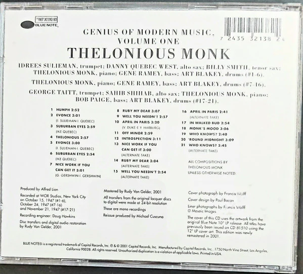 Thelonious Monk - Genius Of Modern Music Volume One (CD, Comp, Mono, RE, RM) (Near Mint (NM or M-)) - Image 3
