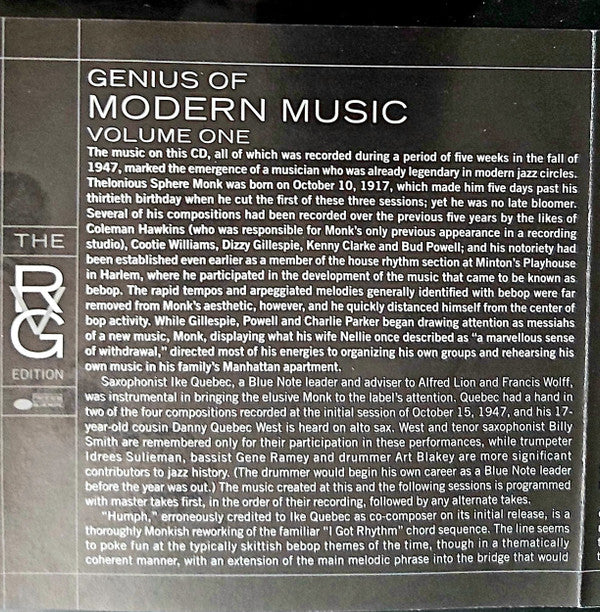 Thelonious Monk - Genius Of Modern Music Volume One (CD, Comp, Mono, RE, RM) (Near Mint (NM or M-)) - Image 5
