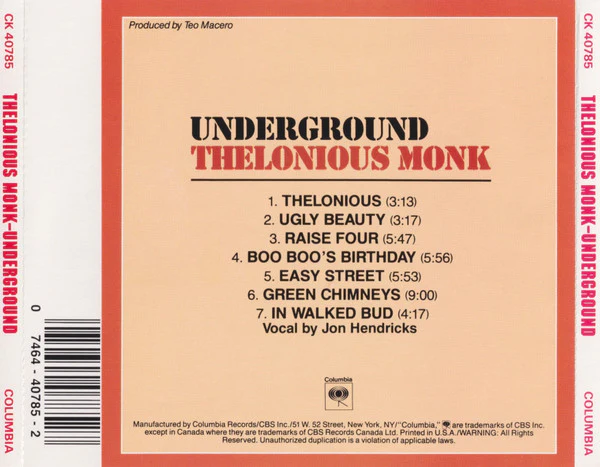 Thelonious Monk - Underground (CD, Album, RE, RM, RP) (Near Mint (NM or M-)) - Image 2