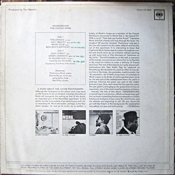 Thelonious Monk - Underground (LP, Album) (Very Good Plus (VG+)) - Image 2