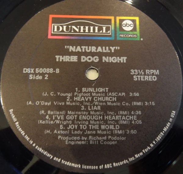 Three Dog Night - Naturally (LP, Album) (Very Good (VG)) - Image 3